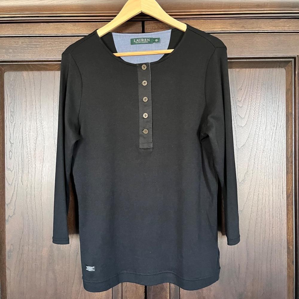 LAUREN RALPH LAUREN Henley 3/4 Sleeve Top Womens‎ L Classic Closet Staple Preppy